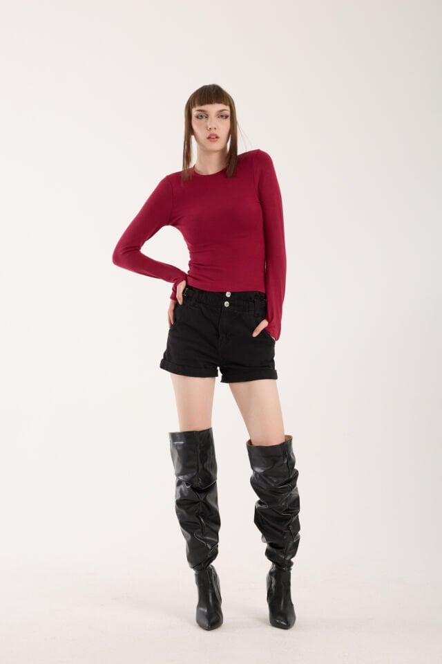 PARMAK GEÇMELİ UZUN KOLLU BODY - UZUN KOL BODY BİSİKLET YAKA LİKRALI XL - BORDO