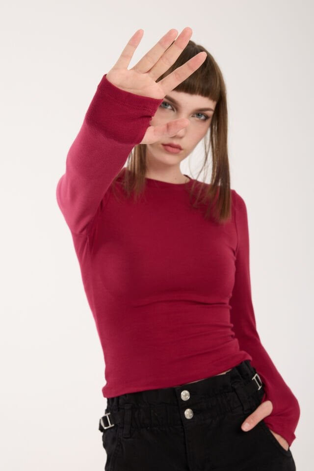 PARMAK GEÇMELİ UZUN KOLLU BODY - UZUN KOL BODY BİSİKLET YAKA LİKRALI XL - BORDO