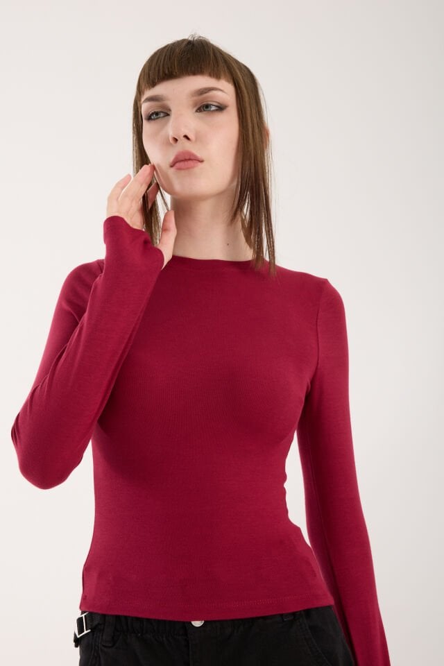 PARMAK GEÇMELİ UZUN KOLLU BODY - UZUN KOL BODY BİSİKLET YAKA LİKRALI XL - BORDO