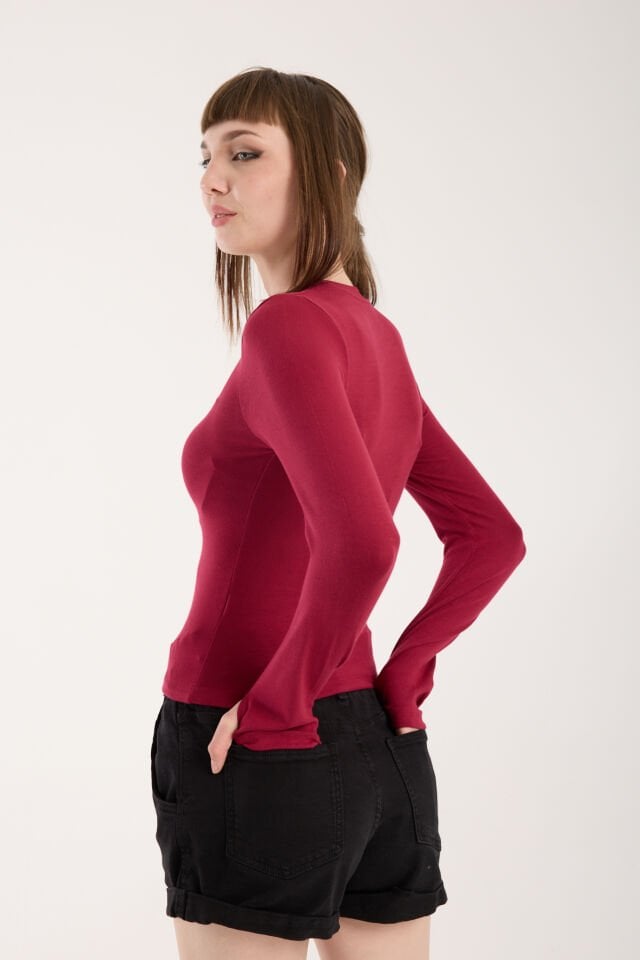 PARMAK GEÇMELİ UZUN KOLLU BODY - UZUN KOL BODY BİSİKLET YAKA LİKRALI XL - BORDO