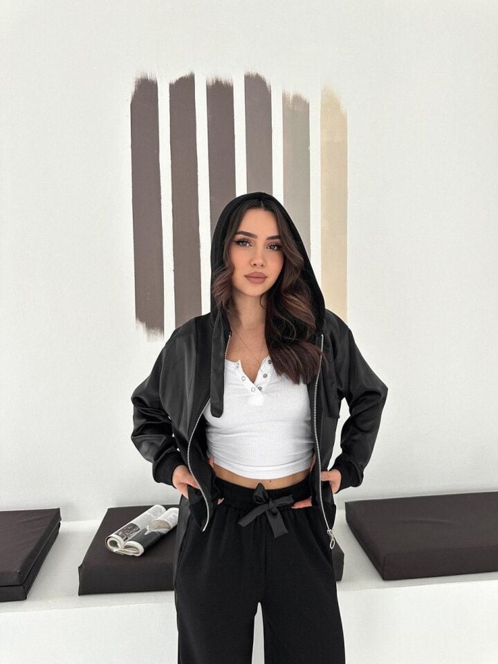 Premium Kadın Modal Baggy Eşofman Takımı Kapüşonlu Cepli Saten Detaylı Günlük XL - SİYAH