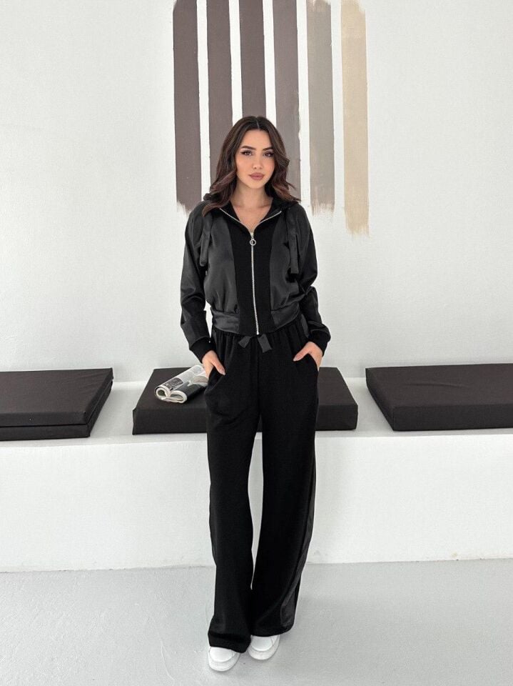 Premium Kadın Modal Baggy Eşofman Takımı Kapüşonlu Cepli Saten Detaylı Günlük XL - SİYAH