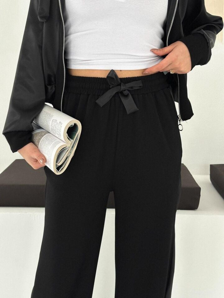 Premium Kadın Modal Baggy Eşofman Takımı Kapüşonlu Cepli Saten Detaylı Günlük XL - SİYAH