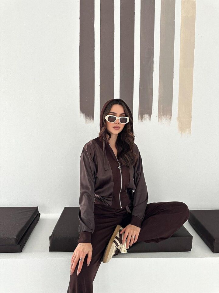 Premium Kadın Modal Baggy Eşofman Takımı Kapüşonlu Cepli Saten Detaylı Günlük 2634 S - KAHVERENGİ
