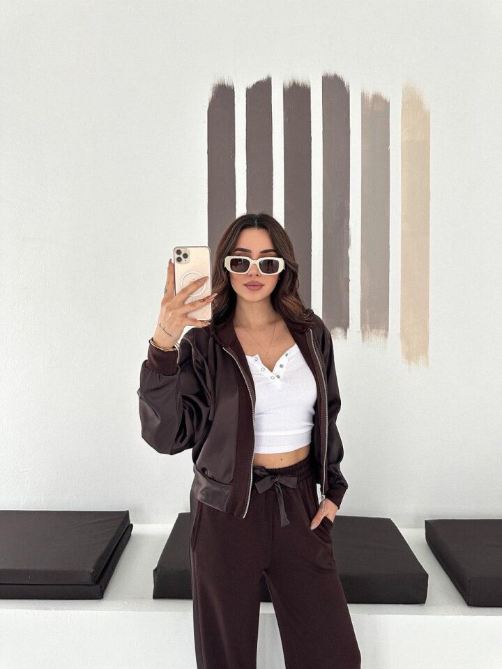 Premium Kadın Modal Baggy Eşofman Takımı Kapüşonlu Cepli Saten Detaylı Günlük 2634 S - KAHVERENGİ