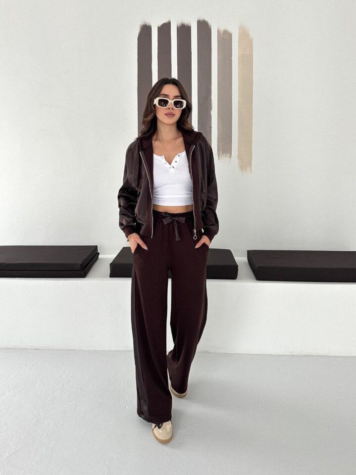 Premium Kadın Modal Baggy Eşofman Takımı Kapüşonlu Cepli Saten Detaylı Günlük 2634 S - KAHVERENGİ