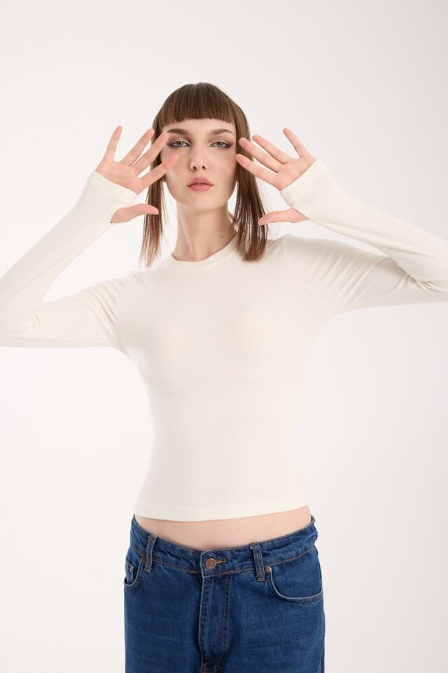 PARMAK GEÇMELİ UZUN KOLLU BODY - UZUN KOL BODY BİSİKLET YAKA LİKRALI XL - KIRIK BEYAZ