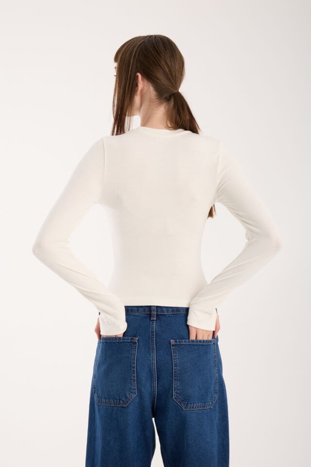 PARMAK GEÇMELİ UZUN KOLLU BODY - UZUN KOL BODY BİSİKLET YAKA LİKRALI XL - KIRIK BEYAZ