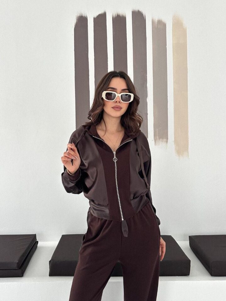 Premium Kadın Modal Baggy Eşofman Takımı Kapüşonlu Cepli Saten Detaylı Günlük 2634 M - KAHVERENGİ
