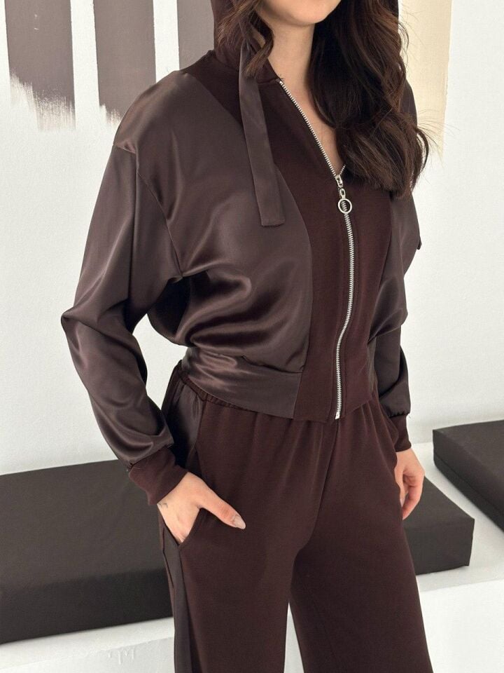 Premium Kadın Modal Baggy Eşofman Takımı Kapüşonlu Cepli Saten Detaylı Günlük XL - KAHVERENGİ