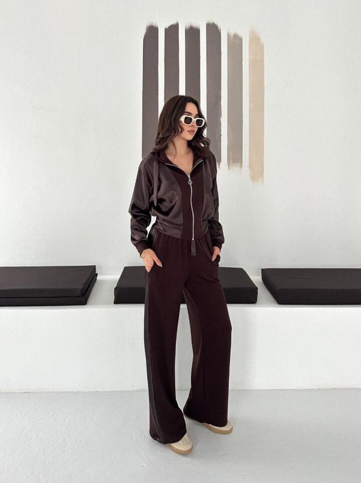 Premium Kadın Modal Baggy Eşofman Takımı Kapüşonlu Cepli Saten Detaylı Günlük XL - KAHVERENGİ