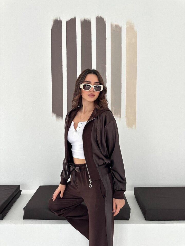 Premium Kadın Modal Baggy Eşofman Takımı Kapüşonlu Cepli Saten Detaylı Günlük XL - KAHVERENGİ