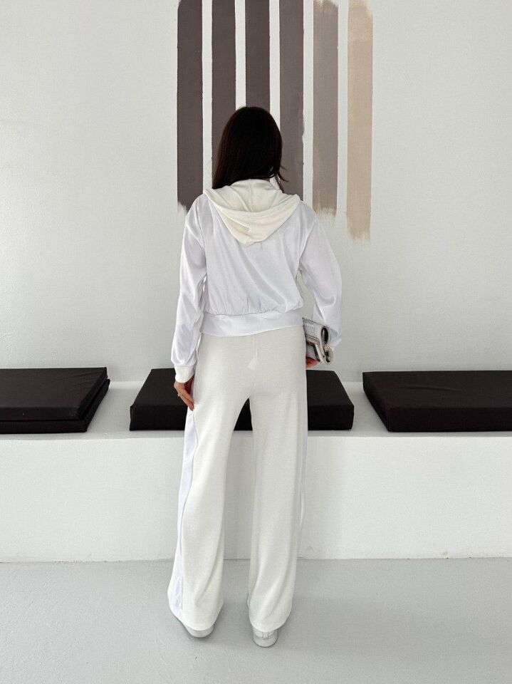 Premium Kadın Modal Baggy Eşofman Takımı Kapüşonlu Cepli Saten Detaylı Günlük 2634 S - BEYAZ