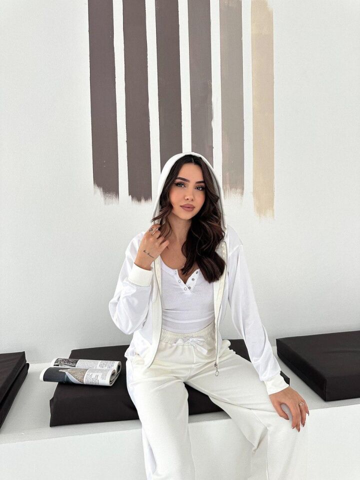 Premium Kadın Modal Baggy Eşofman Takımı Kapüşonlu Cepli Saten Detaylı Günlük 2634 S - BEYAZ