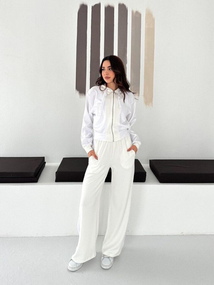 Premium Kadın Modal Baggy Eşofman Takımı Kapüşonlu Cepli Saten Detaylı Günlük 2634 S - BEYAZ