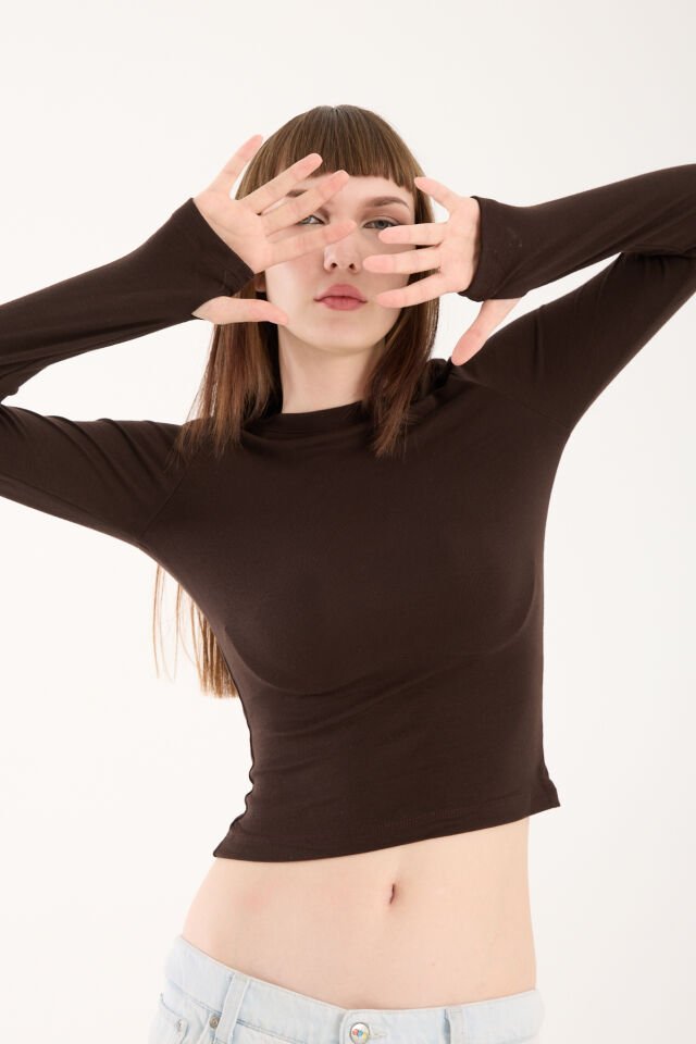 PARMAK GEÇMELİ UZUN KOLLU BODY - UZUN KOL BODY BİSİKLET YAKA LİKRALI XL - KAHVERENGİ