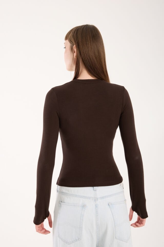 PARMAK GEÇMELİ UZUN KOLLU BODY - UZUN KOL BODY BİSİKLET YAKA LİKRALI XL - KAHVERENGİ