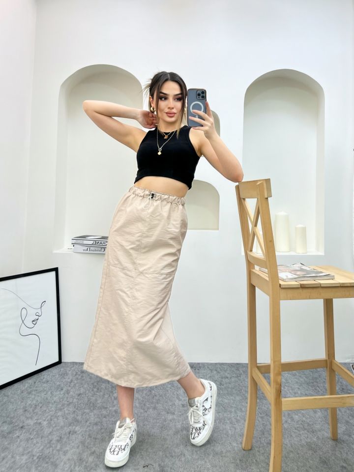 Kadın Paraşüt Bel Lastikli Etek L - BEJ