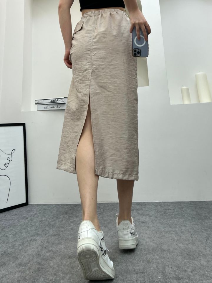 Kadın Paraşüt Bel Lastikli Etek L - BEJ