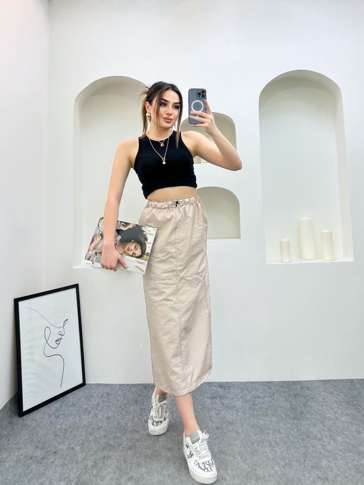 Paraşüt Etek Bel Lastikli XL - BEJ