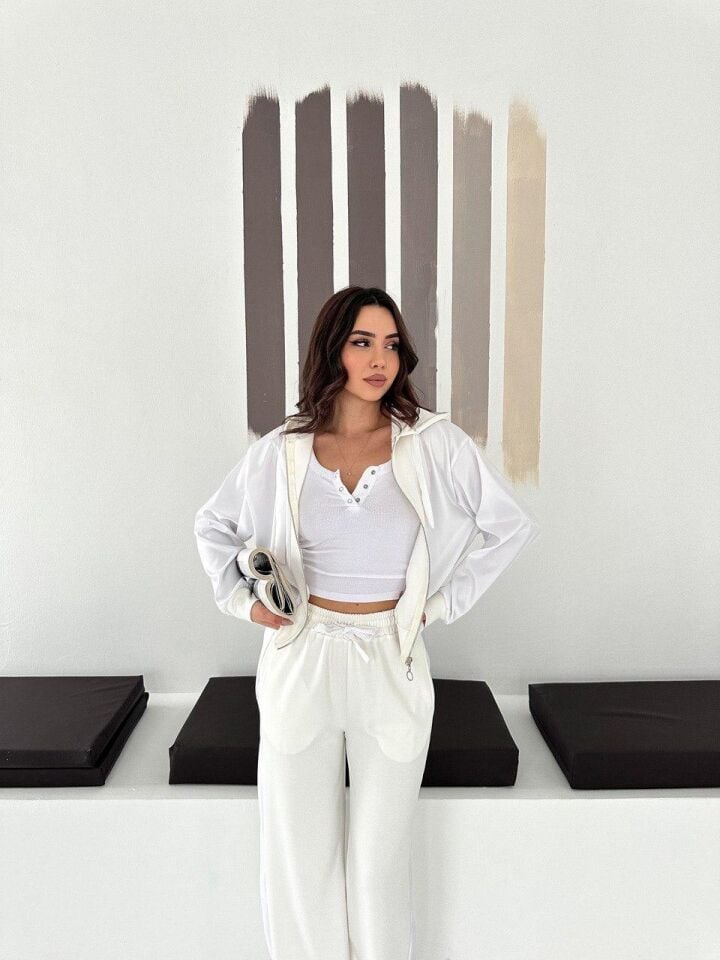 Premium Kadın Modal Baggy Eşofman Takımı Kapüşonlu Cepli Saten Detaylı Günlük XL - BEYAZ