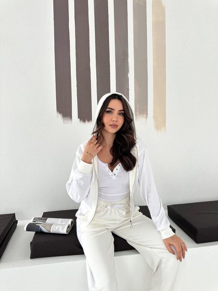 Premium Kadın Modal Baggy Eşofman Takımı Kapüşonlu Cepli Saten Detaylı Günlük XL - BEYAZ