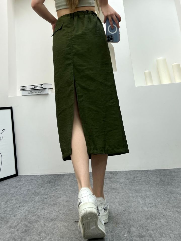 Kadın Paraşüt Bel Lastikli Etek L - HAKİ