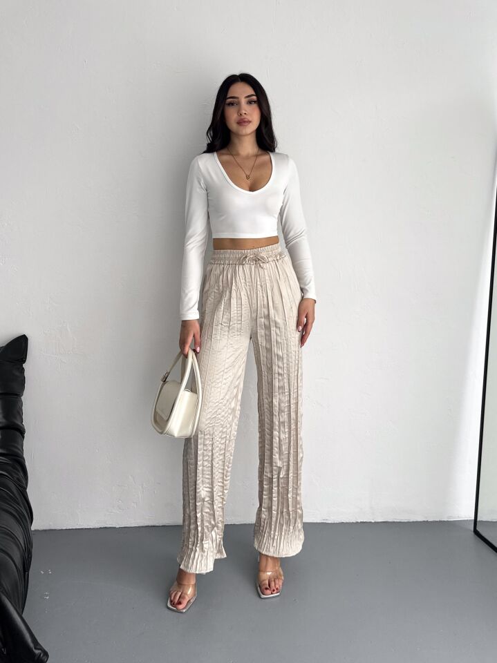 Kadın Günlük ve Spor Kırışık Saten Pantolon WM M - KREM