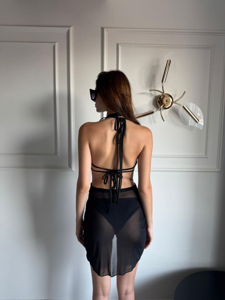 Kadın Tül Pareo Kalp Aksesuarlı Alt ve Üst Bikini 3'lü Takım L - SİYAH