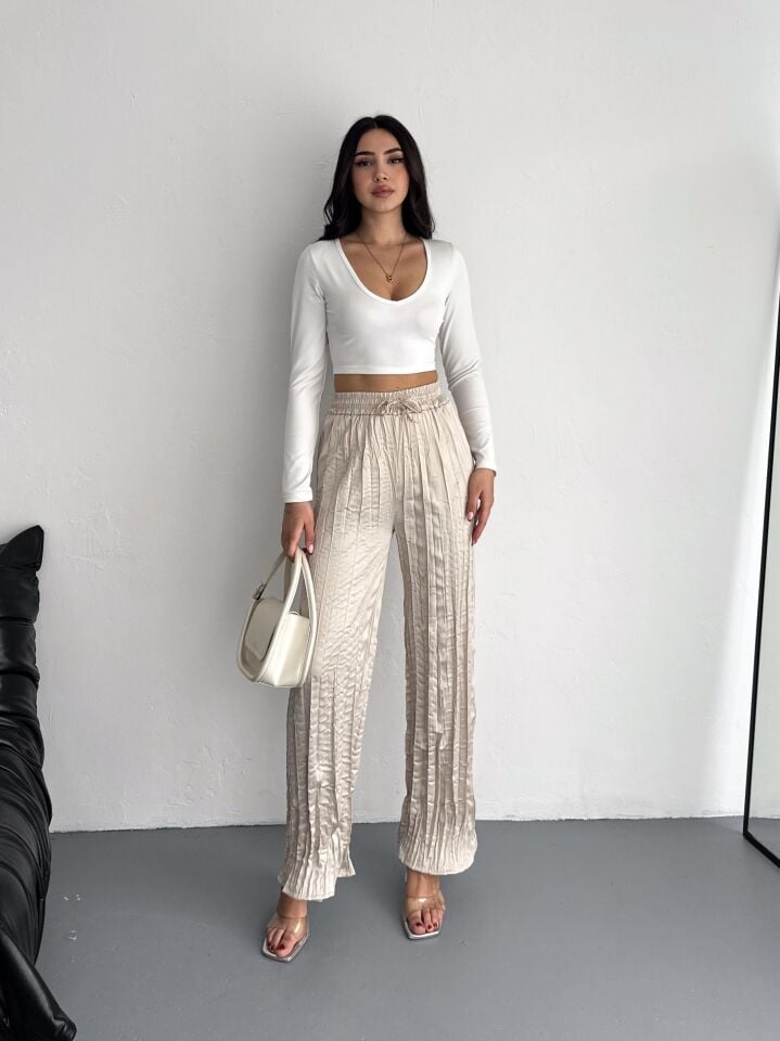 SATEN PANTOLON / KIRIŞIK SATEN PANTOLON / KRİNKIL SATEN PANTOLON /KRASH SATEN XL - KREM