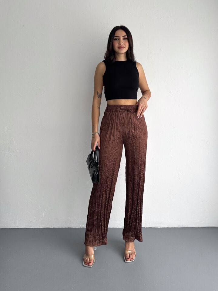Kadın Günlük ve Spor Kırışık Saten Pantolon M - KAHVERENGİ
