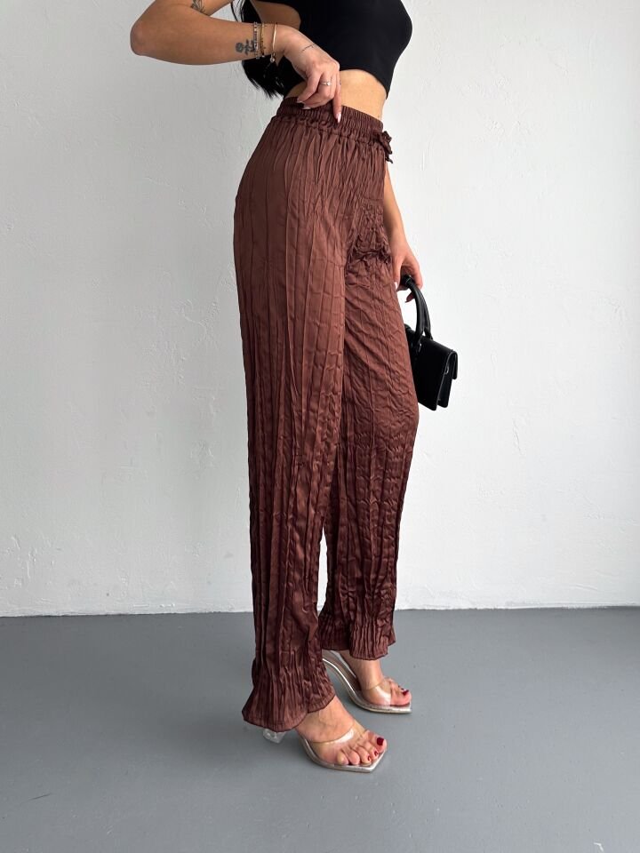 Kadın Günlük ve Spor Kırışık Saten Pantolon M - KAHVERENGİ