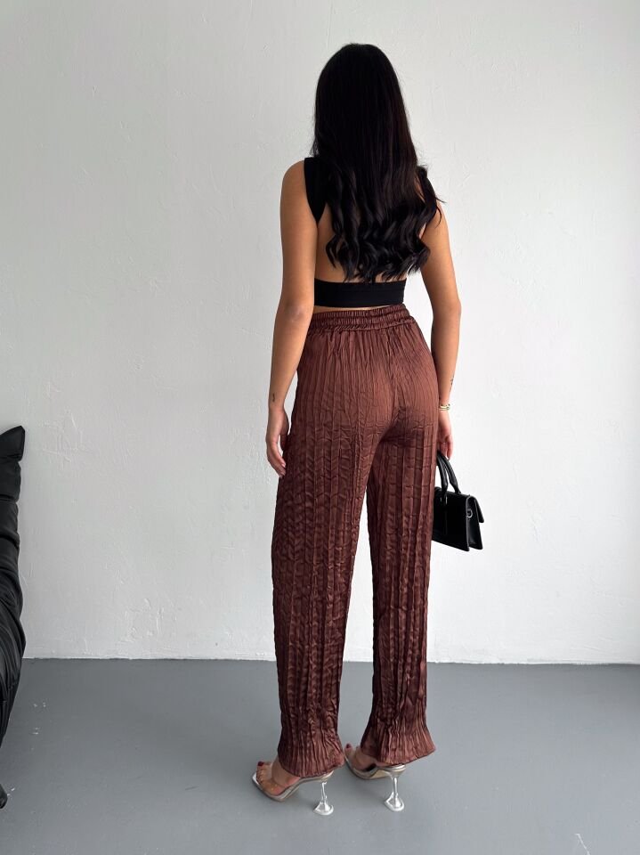 Kadın Günlük ve Spor Kırışık Saten Pantolon M - KAHVERENGİ