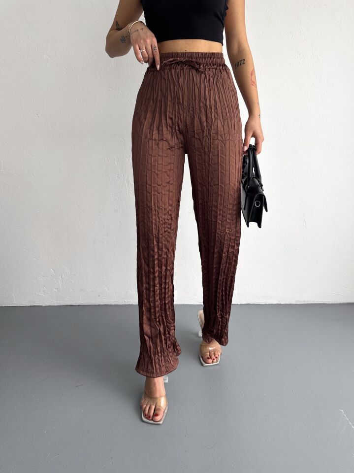Kadın Günlük ve Spor Kırışık Saten Pantolon M - KAHVERENGİ