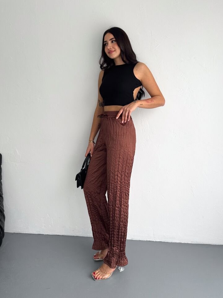Kadın Günlük ve Spor Kırışık Saten Pantolon M - KAHVERENGİ
