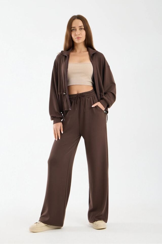 Kadın Modal Kumaş Fermuarlı Eşofman Takımı Bel Büzgülü Baggy Pantolon Rahat Spor Takım 1530 XL - KAHVERENGİ