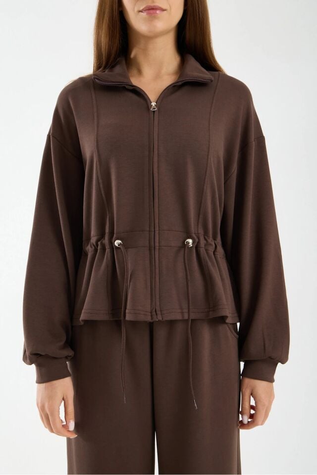 Kadın Modal Kumaş Fermuarlı Eşofman Takımı Bel Büzgülü Baggy Pantolon Rahat Spor Takım 1530 XL - KAHVERENGİ