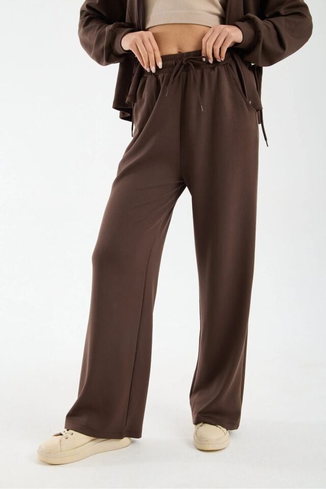 Kadın Modal Kumaş Fermuarlı Eşofman Takımı Bel Büzgülü Baggy Pantolon Rahat Spor Takım 1530 XL - KAHVERENGİ