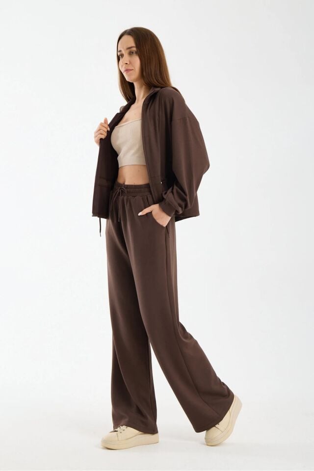 Kadın Modal Kumaş Fermuarlı Eşofman Takımı Bel Büzgülü Baggy Pantolon Rahat Spor Takım 1530 XL - KAHVERENGİ