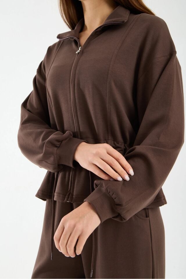 Kadın Modal Kumaş Fermuarlı Eşofman Takımı Bel Büzgülü Baggy Pantolon Rahat Spor Takım 1530 XL - KAHVERENGİ