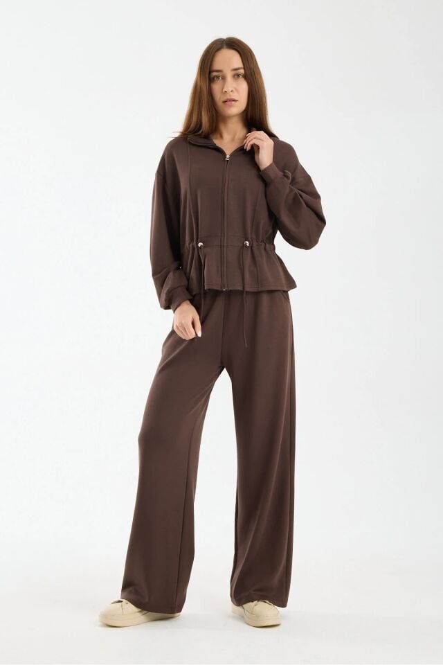 Kadın Modal Kumaş Fermuarlı Eşofman Takımı Bel Büzgülü Baggy Pantolon Rahat Spor Takım 1530 XL - KAHVERENGİ