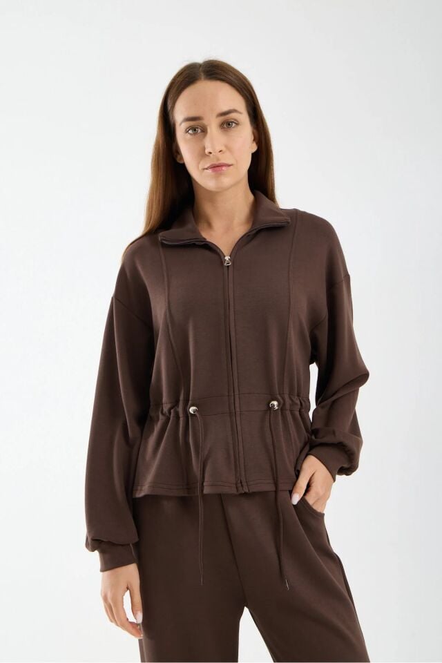 Kadın Modal Kumaş Fermuarlı Eşofman Takımı Bel Büzgülü Baggy Pantolon Rahat Spor Takım 1530 XL - KAHVERENGİ