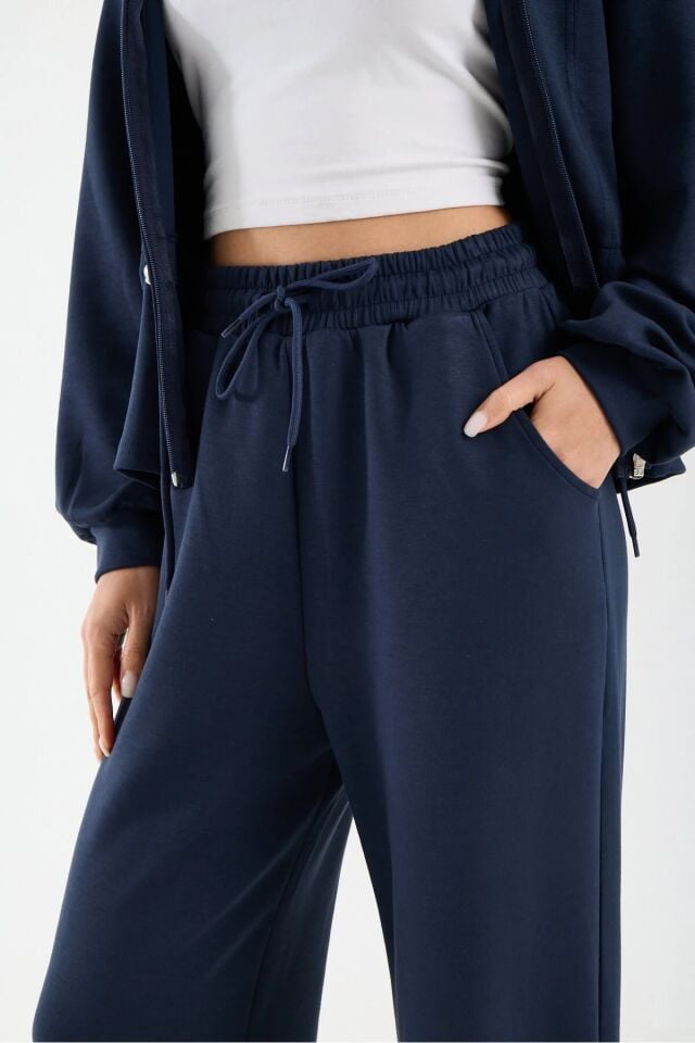 Kadın Modal Kumaş Fermuarlı Eşofman Takımı Bel Büzgülü Baggy Pantolon Rahat Spor Takım 1530 S - LACİVERT