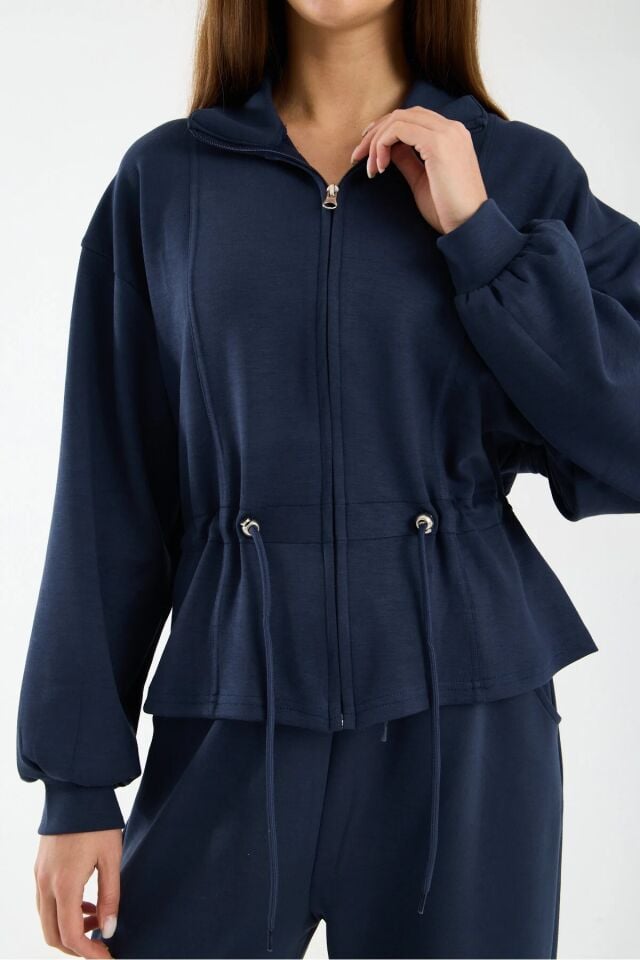 Kadın Modal Kumaş Fermuarlı Eşofman Takımı Bel Büzgülü Baggy Pantolon Rahat Spor Takım 1530 XL - LACİVERT