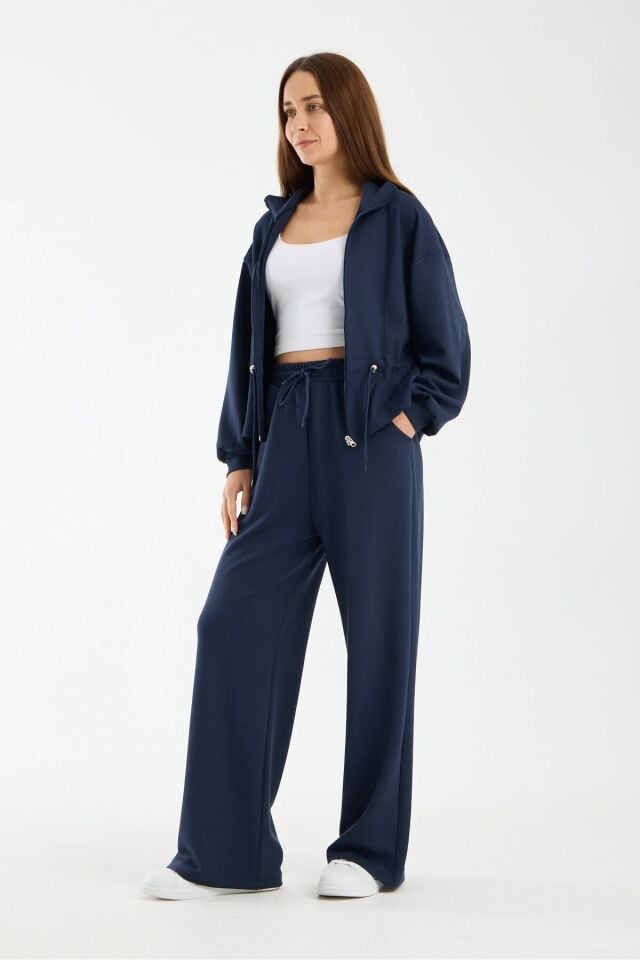 Kadın Modal Kumaş Fermuarlı Eşofman Takımı Bel Büzgülü Baggy Pantolon Rahat Spor Takım 1530 XL - LACİVERT