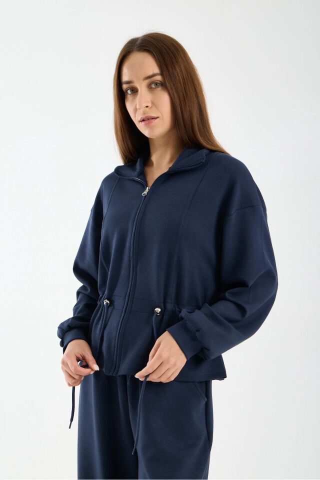 Kadın Modal Kumaş Fermuarlı Eşofman Takımı Bel Büzgülü Baggy Pantolon Rahat Spor Takım 1530 XL - LACİVERT