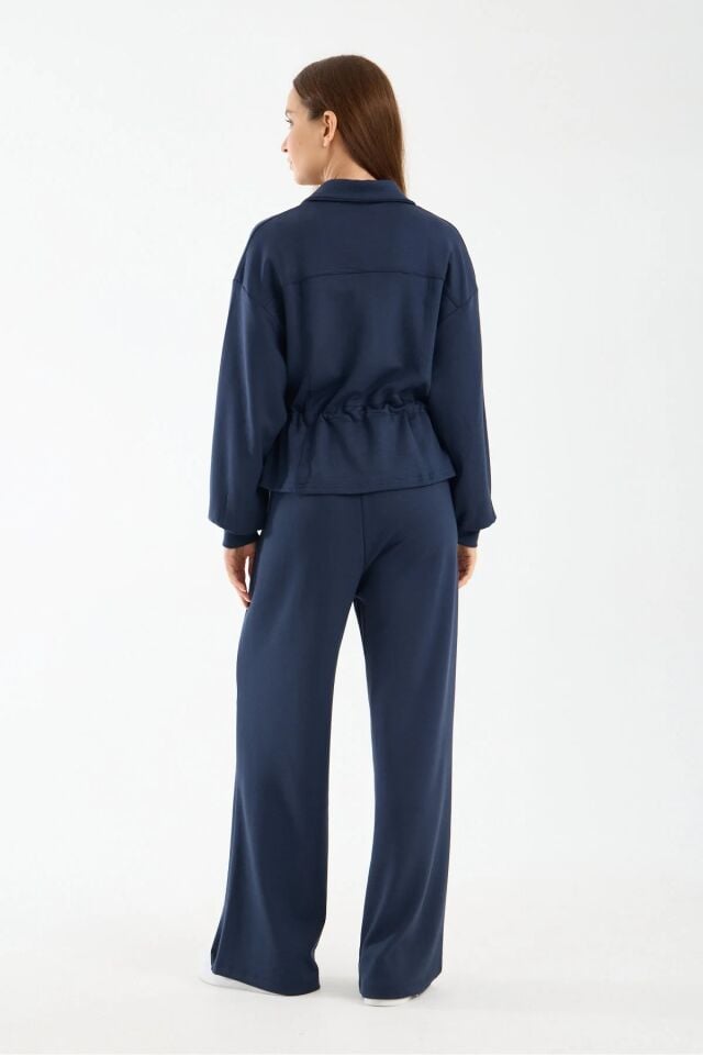 Kadın Modal Kumaş Fermuarlı Eşofman Takımı Bel Büzgülü Baggy Pantolon Rahat Spor Takım 1530 XL - LACİVERT