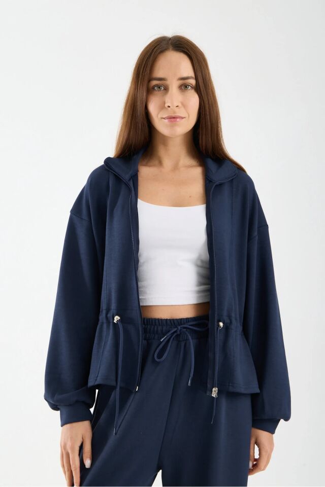 Kadın Modal Kumaş Fermuarlı Eşofman Takımı Bel Büzgülü Baggy Pantolon Rahat Spor Takım 1530 XL - LACİVERT