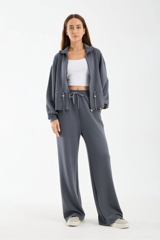 Kadın Modal Kumaş Fermuarlı Eşofman Takımı Bel Büzgülü Baggy Pantolon Rahat Spor Takım 1530 XL - KOYU GRİ