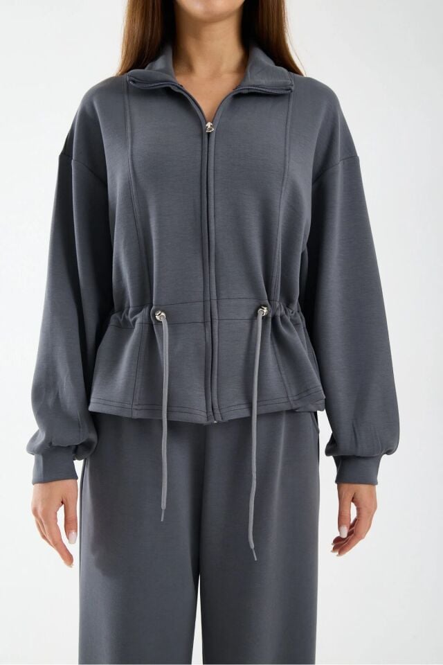 Kadın Modal Kumaş Fermuarlı Eşofman Takımı Bel Büzgülü Baggy Pantolon Rahat Spor Takım 1530 XL - KOYU GRİ